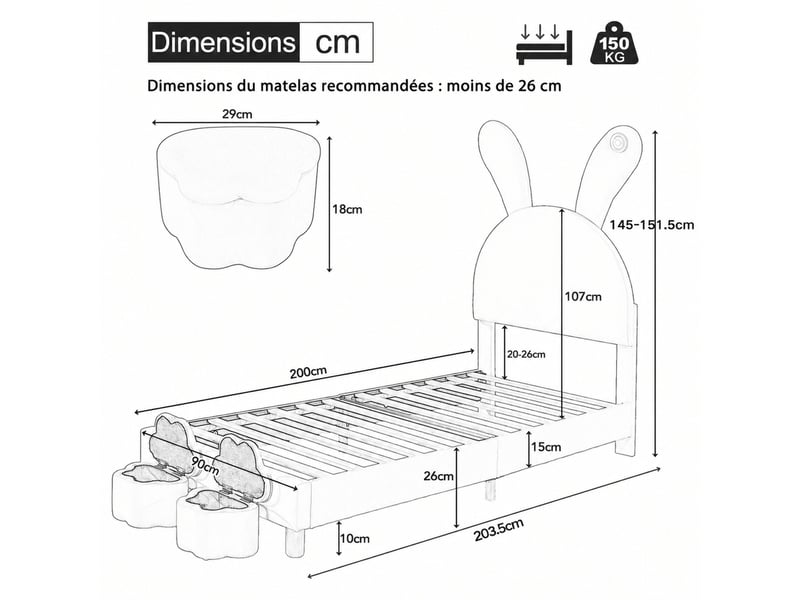  Lit enfant 90x200 cm en velours rose avec 2 bancs de rangement, éclairage led et oreilles repliables, sans matelas  - Conforama D