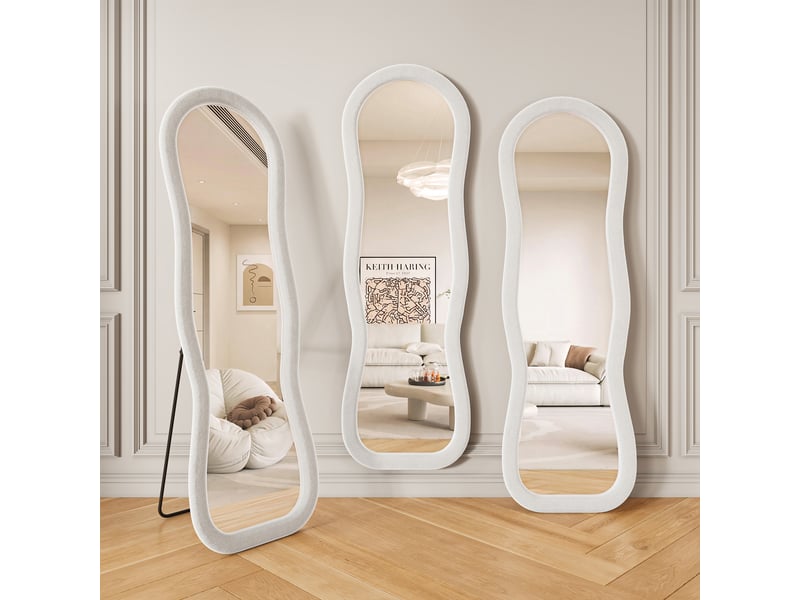  Miroir plein pied 160x50 cm forme ondulée, cadre rembourré en flanelle blanche, miroir au sol décoratif pour chambre et salon  - Conforama W