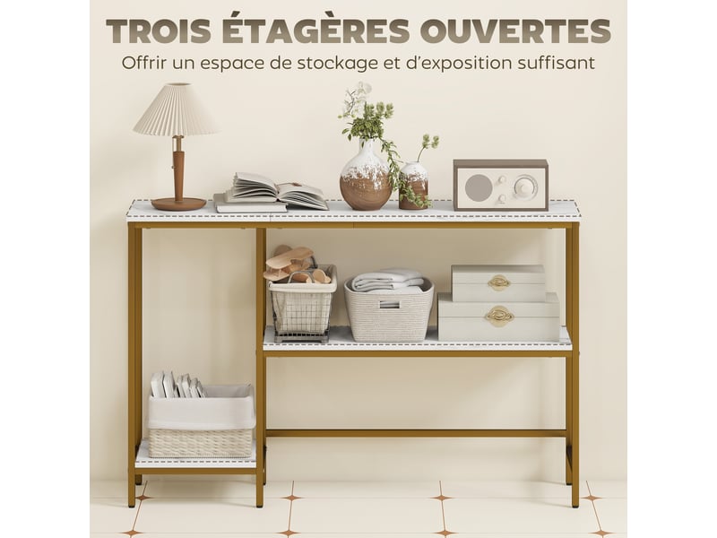  Console meuble 120 cm, table console 3 niveaux avec étagères de rangement, blanc et doré, plateaux imitation marbre  - Conforama E