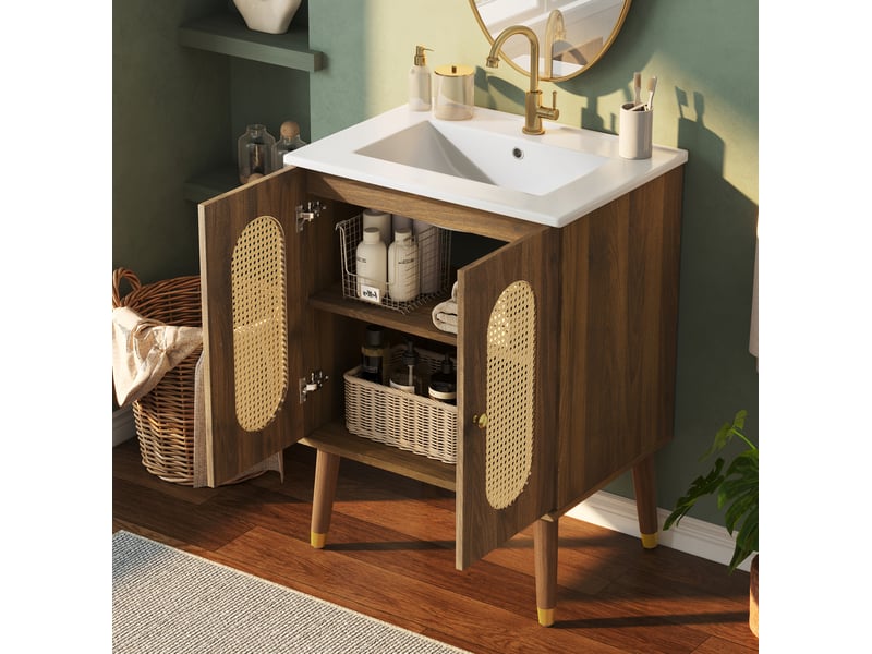  Meuble sous vasque avec 2 portes en rotin, 2 étagères fixes et vasque en céramique, noyer, 61 × 47 × 89 cm  - Conforama D