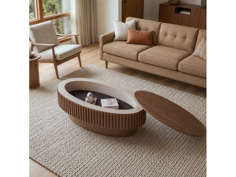  Table basse tcqpz ovale 98 x 60 x 35 cm avec rangement caché mdf plaqué bois coloris noyer  - Conforama E