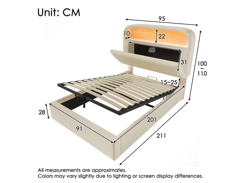  Lit coffre, lit enfant 90x200 cm, rangement hydraulique, tête de lit avec rangement, led, usbusb-c, matelas inclus, velours beige  - Conforama C