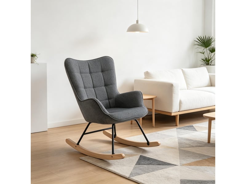  Fauteuil à bascule en velours gris foncé avec dossier haut, fauteuil relax ergonomique avec pieds en bois massif, 67.5x65x95 cm  - Conforama W