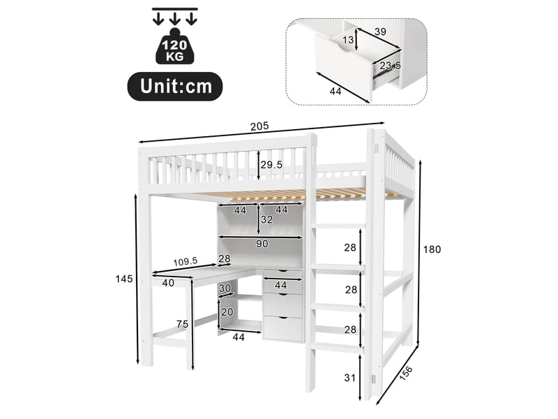  Lit mezzanine enfant 140x200 cm avec bureau, rangements et 3 tiroirs blanc  - Conforama C