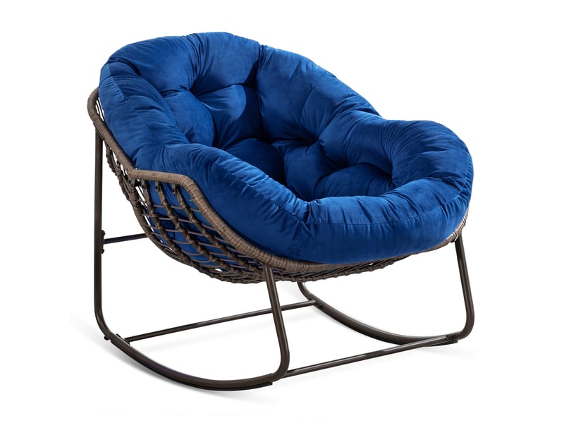 Chaise à bascule d'extérieur 78x106x90 cm – bleu marine – coussin rembourré, acier et rotin tressé