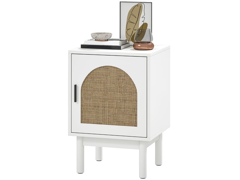  Table de chevet avec porte en rotin, étagère réglable et pieds en bois, style bohème, 40 x 35 x 58 cm, blanche  - Conforama B