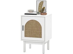 Table de chevet avec porte en rotin, étagère réglable et pieds en bois, style bohème, 40 x 35 x 58 cm, blanche