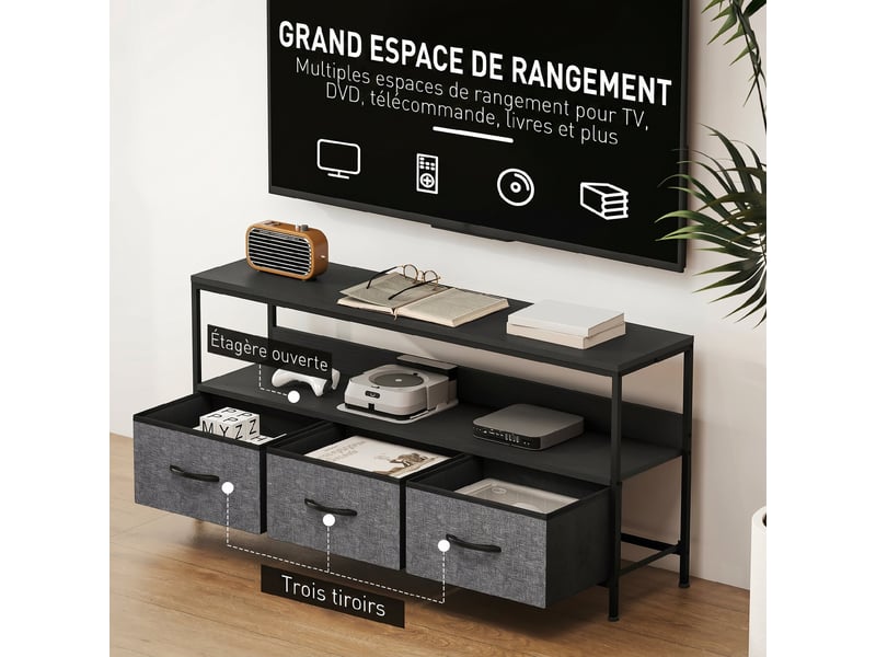  Meuble tv, meuble télé pour téléviseur jusqu'à 55 pouces avec 3 tiroirs et pieds en acier 120 x 29 x 56 cm noir  - Conforama E
