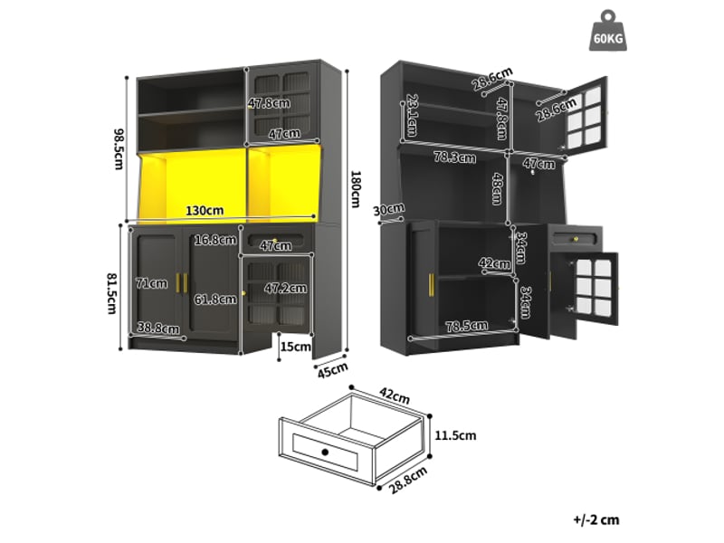  Buffet haut noire 130x45x180 cm, meuble haut avec portes vitrées et éclairage led  - Conforama C