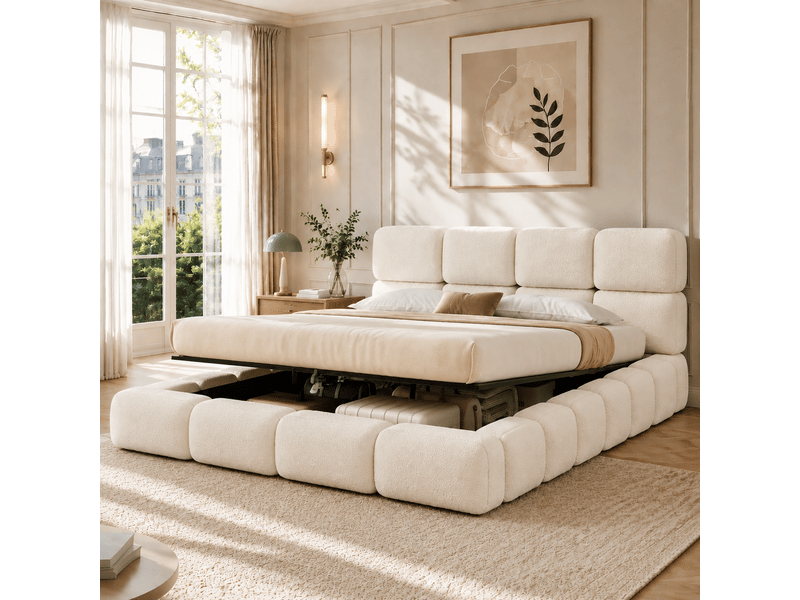  Lit coffre 200 × 200 cm, sommier relevable, tête nuage rembourrée de 12 cm, rangement sous le lit, tissu bouclé, blanc  - Conforama D