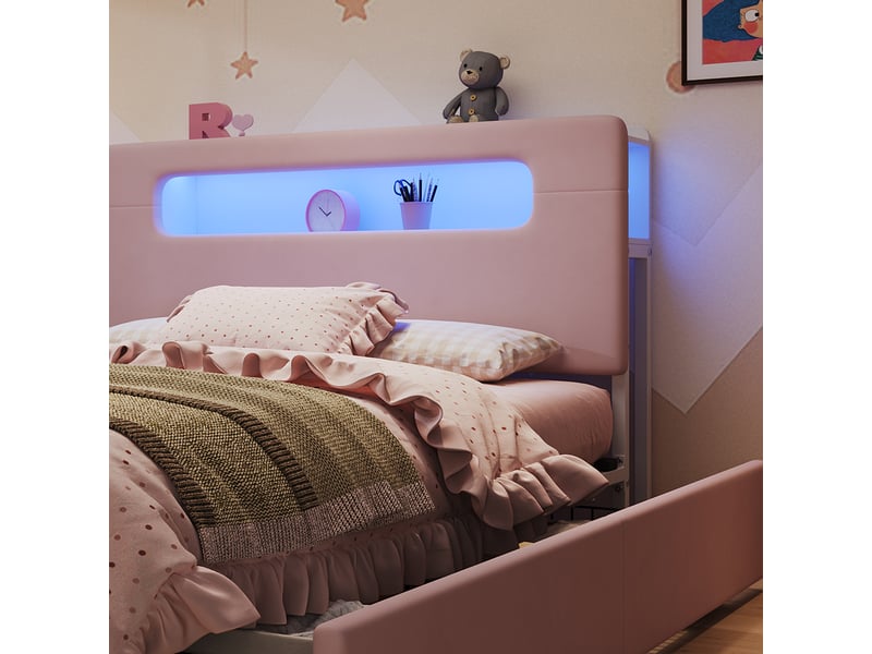  Lit enfant rembourré 140x200 cm en velours avec rangement, tête de lit avec étagères, 4 tiroirs, éclairage led - rose  - Conforama E