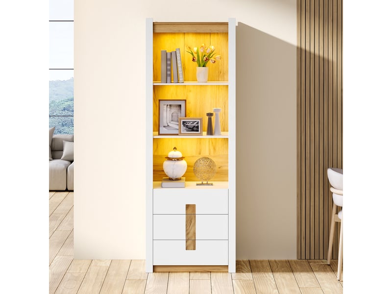  Vitrine blanche 200 cm avec éclairage led, bibliothèque 3 tiroirs 3 rangements, séparateur réglable, salon cuisine salle à manger 55x40x200 cm  - Conforama D
