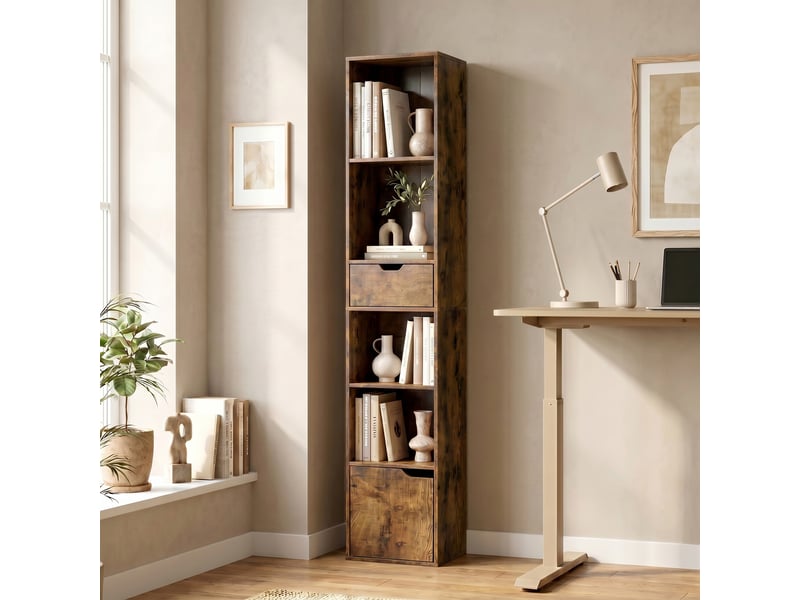  Bibliothèque à 6 niveaux, réglable sur 3 niveaux, avec tiroir, porte d'armoire, étagère personnalisable, étagère d'exposition, marron  - Conforama C