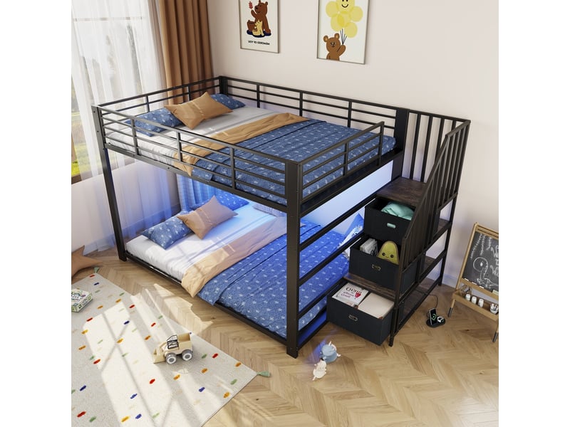  Lit superposé noir en mdf et métal, 140x200 cm avec escalier modulable et rangements intégrés  - Conforama B