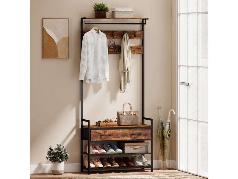  Porte-manteau avec crochets, banc à chaussures, meuble de rangement d'entrée de style industriel, structure en acier, marron rustique  - Conforama C