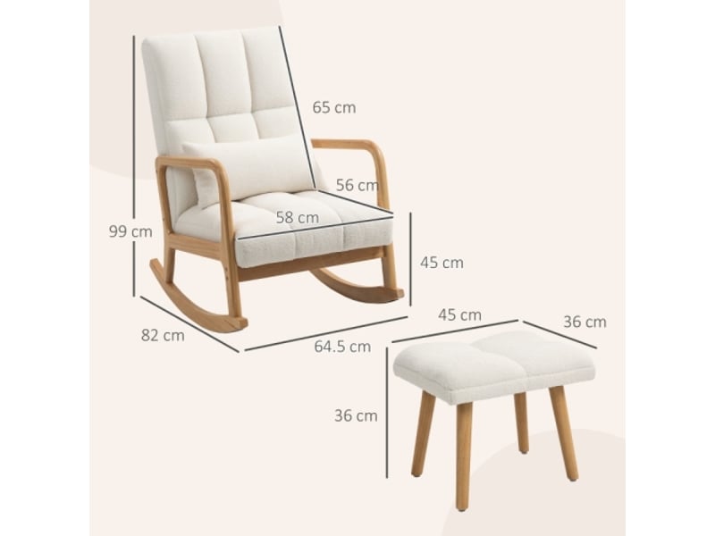  Fauteuil à bascule blanc avec repose-pieds, tissu polaire, accoudoirs et dossier haut, rembourré  - Conforama C