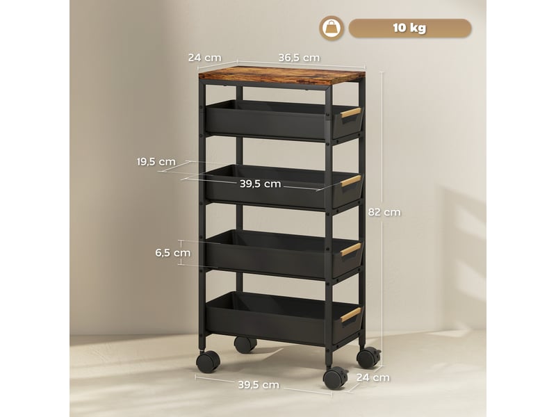  Desserte de cuisine 5 niveaux 4 tiroirs sur roulettes métal noir 39,5x24x82 cm  - Conforama C