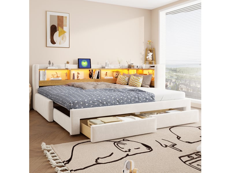  Lit gigogne 90x200 cm avec rangement et éclairage led en tissu beige  - Conforama D