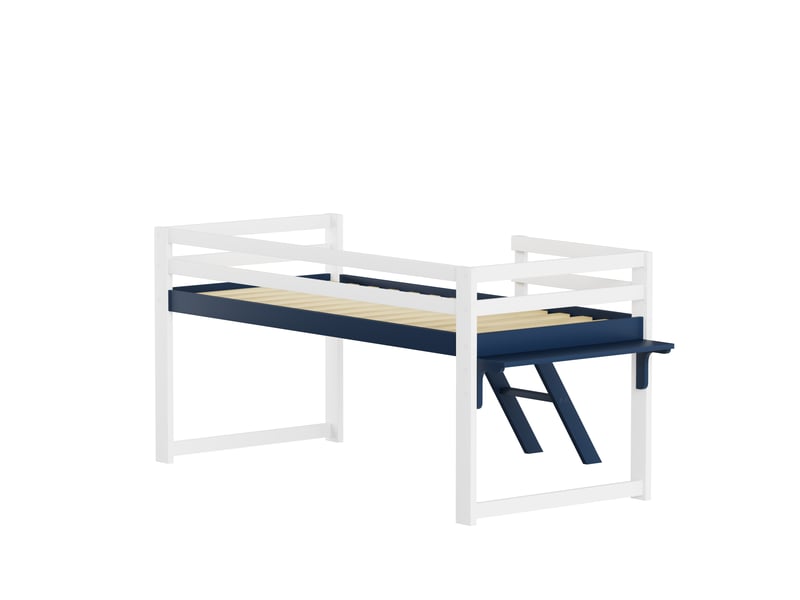  Lit mezzanine enfant 90x20cm blanc et bleu marine - lit surélevé en pin massif avec barrières de sécurité, échelle et petite table de chevet intégrée  - Conforama A