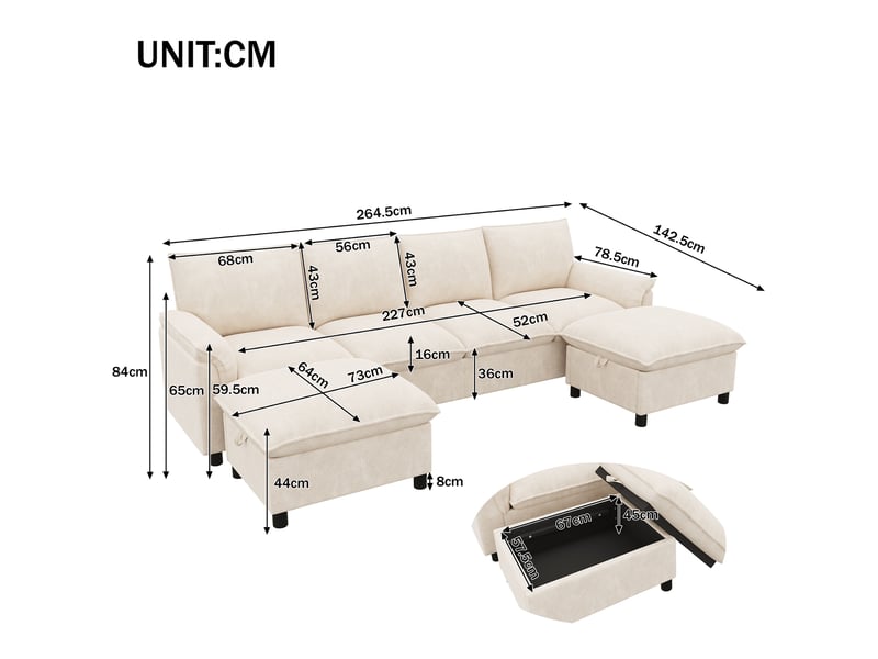  Canapé nuage modulable en u – tissu chenille – assise profonde – 2 poufs – 264 x 142 cm – beige  - Conforama C