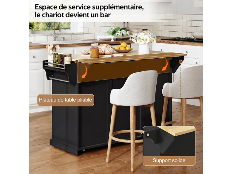  Îlot de cuisine mobile avec plan de travail rabattable, rangements et tiroirs, roulettes verrouillables, noir et bois clair  - Conforama B