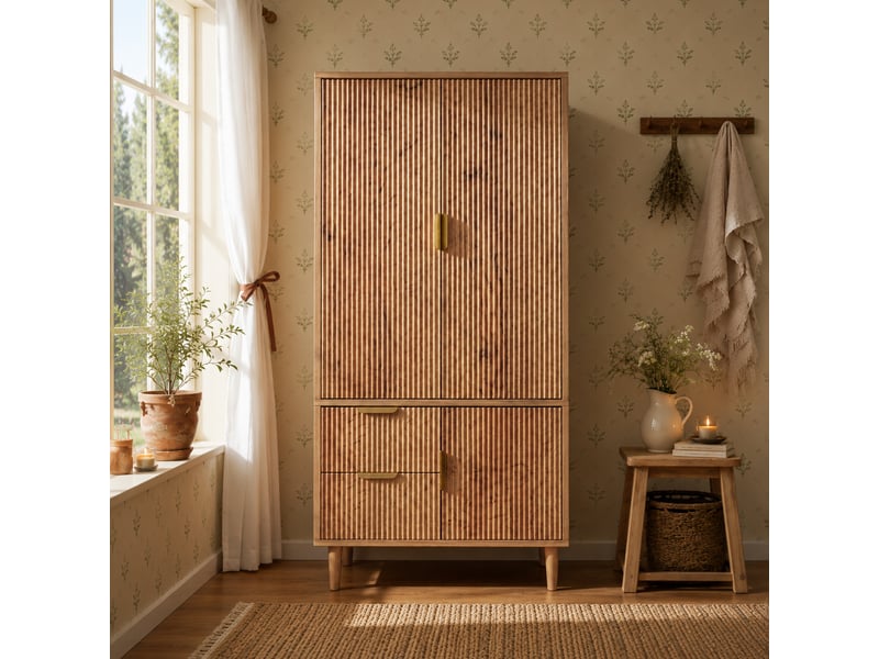  Armoire 3 portes 2 tiroirs avec penderie, fermeture amortie et façades 3d rainurées décor chêne 80 × 50 × 177 cm  - Conforama D