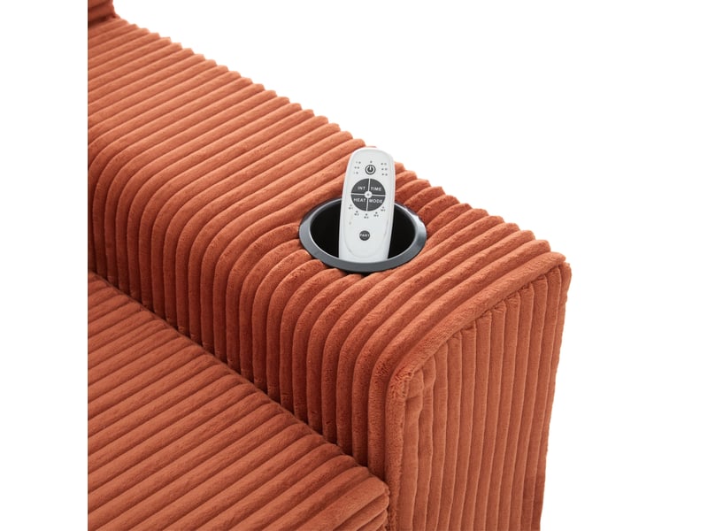 Canapé convertible 2 places 133x87x64 cm orange en velours côtelé, rangements latéraux et porte-gobelets - Conforama E