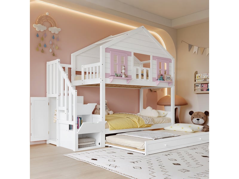 Lit superposé enfant 90x200 cm - lit moderne avec penderie, lit gigogne, toit et fenêtres, bois blanc et rose, sans matelas  - Conforama D