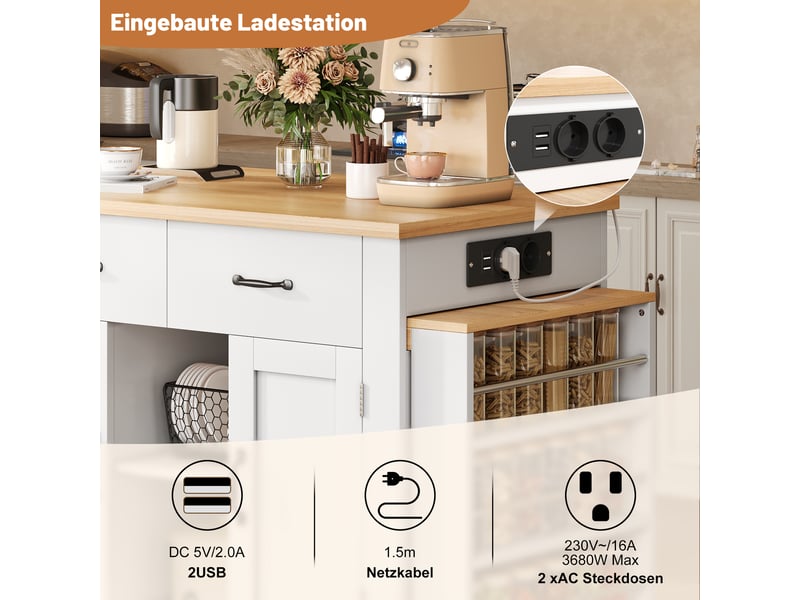 Îlot de cuisine 132235 × 60 × 93 cm en mdf, table repas coulissante, 7 roulettes, étagères réglables et rangements intégrés - Conforama D