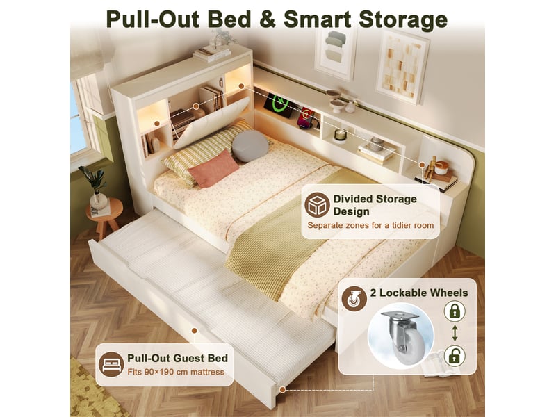  Lit gigogne avec sommier à lattes, rangements, liseuses et ports usb, en panneaux de particules et contreplaqué blanc  - Conforama E