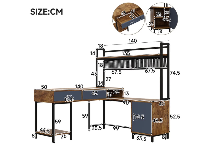  Bureau d'angle en l 140x140x135cm - bureau informatique industriel avec surmeuble, étagère, 2 tiroirs et caisson - noir  - Conforama E
