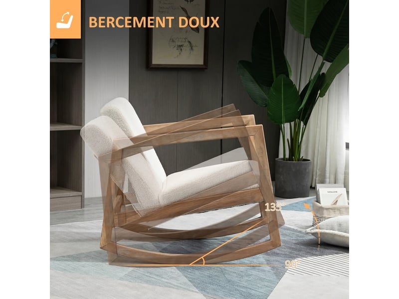  Fauteuil à bascule blanc crème, fauteuil de relaxation rembourré en bois d'hévéa avec revêtement polaire, 60x81x71 cm  - Conforama R