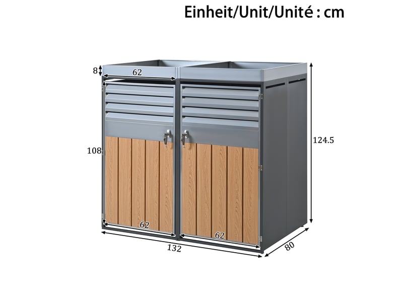 Abri pour poubelles extérieur 4 portes en acier galvanisé gris effet bois clair avec bac à plantes verrouillable  - Conforama C