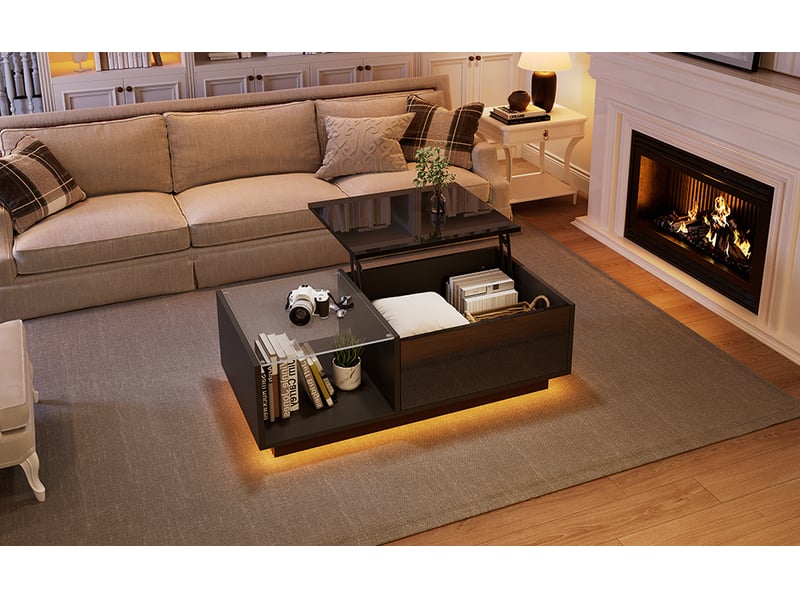 Table basse led relevable 100x50x33 cm noire panneau de particules finition brillante rangement dissimulé et étagère ouverte avec télécommande et application evarich - Conforama E
