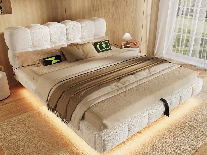 Lit rembourré 140x190cm, design bubble nuage suspendu, coffre hydraulique, led, charge usbtype-c, chenille beige - Conforama B