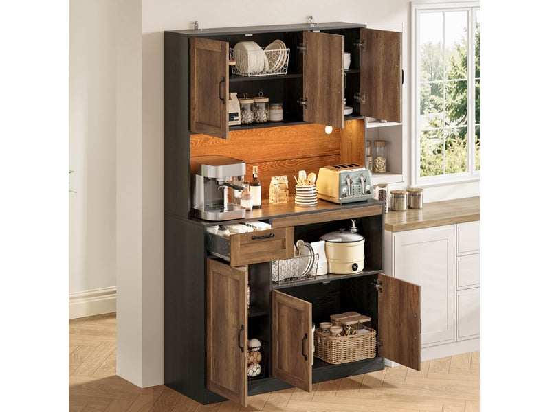  Armoire de cuisine 110x40x180 cm avec 6 portes et 1 tiroir, éclairage led rvb, design moderne, en mdf, noir et naturel  - Conforama B