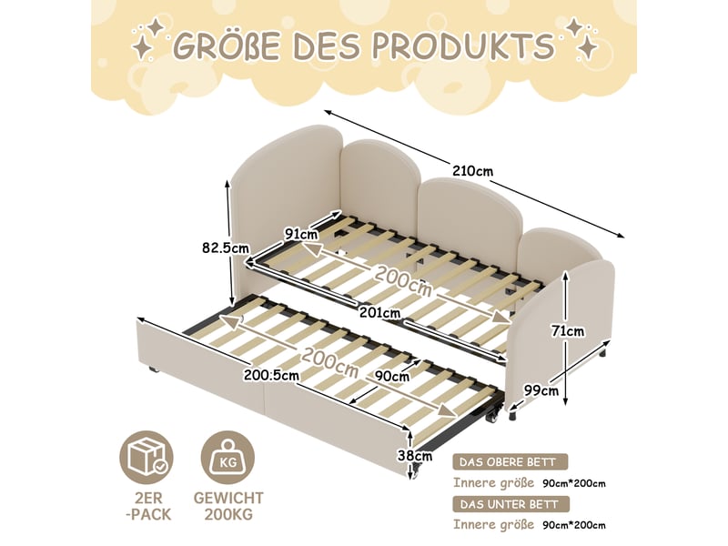  Lit banquette enfant 200×90 cm en forme de fleur avec grand tiroir de rangement, revêtement en velours beige  - Conforama D