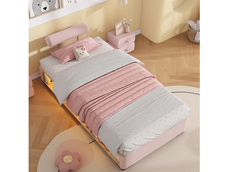  Lit enfant rembourré modenvie 90 x 200 cm rose avec étagère latérale led, rangement ouvert et appuie têtes montables sur 3 côtés  - Conforama D