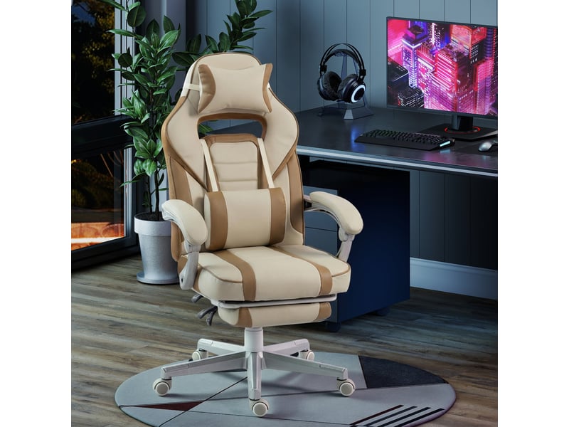  Fauteuil de jeu inclinable avec hauteur réglable, repose-pieds rétractable, soutien lombaire et appui-tête amovible - crème  - Conforama B