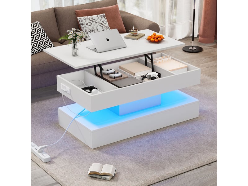  Table basse de salon 100x50x56cm avec led, espace de rangement, levage, style de design, aggloméré, blanc  - Conforama W