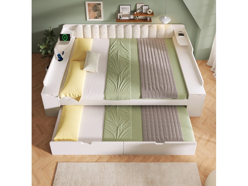  Lit jeune 2 places 140x190 cm, lit gigogne avec rangement, en mdf et métal couleur blanc sans matelas, design moderne  - Conforama B