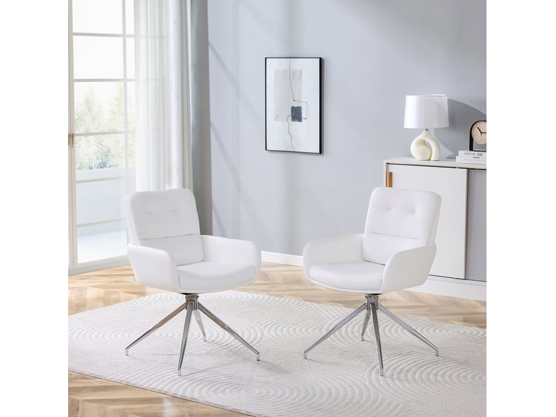  Lot de 2 chaises de salle à manger 55x50x85 cm pivotantes à 360° métal polyuréthane (pu) blanc et argenté  - Conforama B