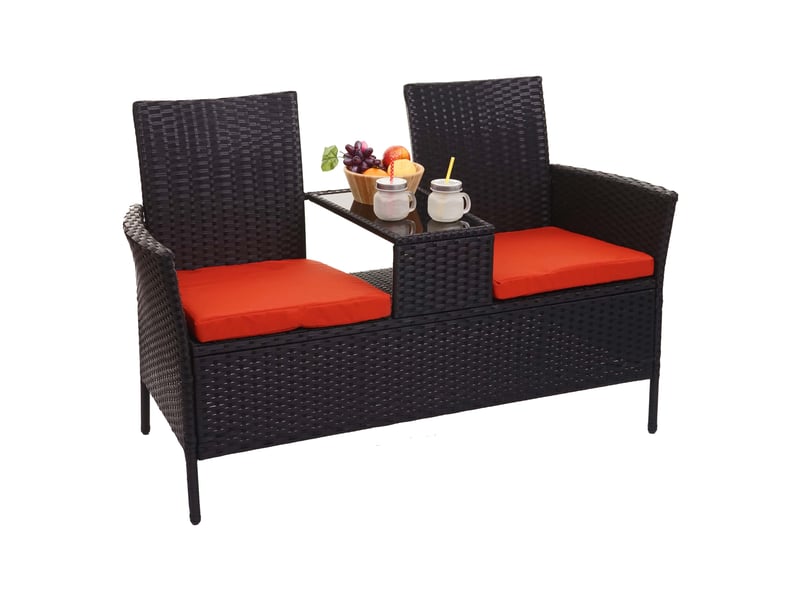  Banc en polyrotin avec table fauteuils chaises de jardin 132 cm noir coussin terracota 04_0001139  - Conforama E