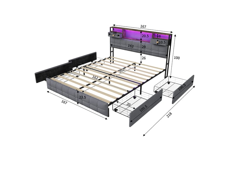  Lit 160x200 avec 4 tiroirs, lit adulte avec led rgb et ports de charge, lit double, tête de lit avec rangement intégré, tissu velours, moderne, gris  - Conforama E