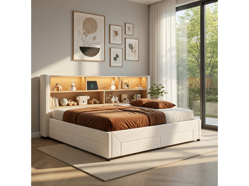 Lit pour adulte 90 x 200 cm, équipé de 2 tiroirs, avec prise usb et éclairage led, en velours, beige - Conforama B