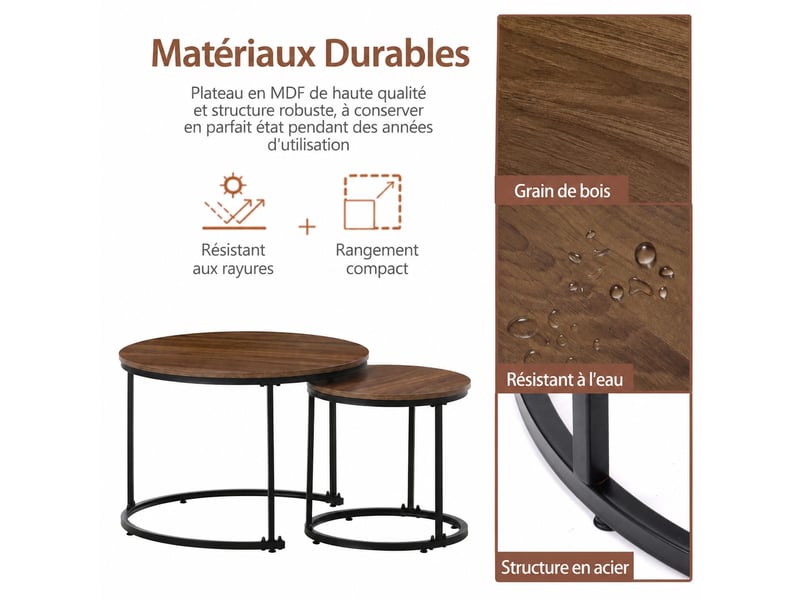  Tables basses rondes gigognes en mdf aspect bois, ensemble de deux tables basses rondes pour salon, marron  - Conforama D