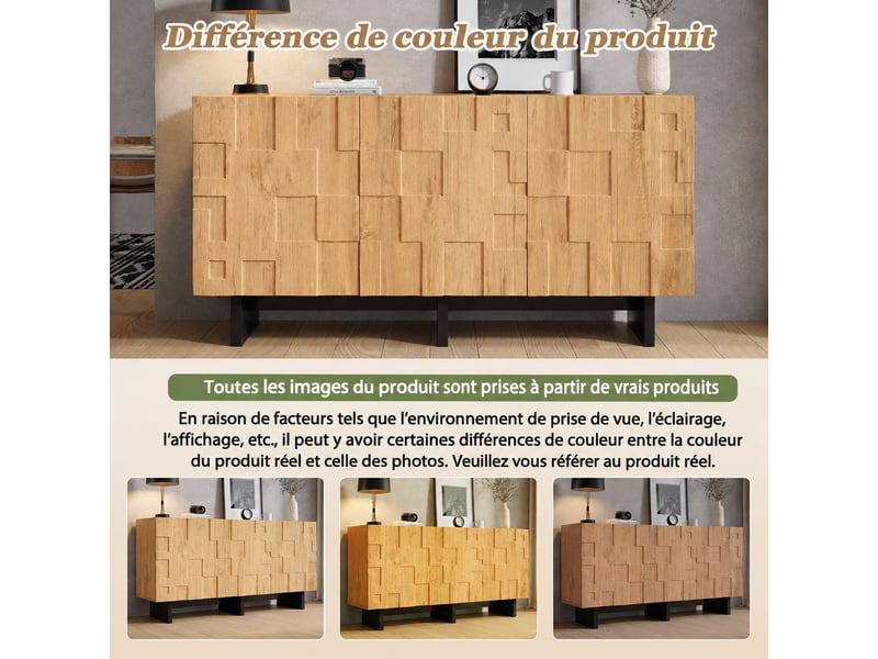Buffet bas 3 portes 140 cm à motif gaufré, aspect bois naturel - Conforama D