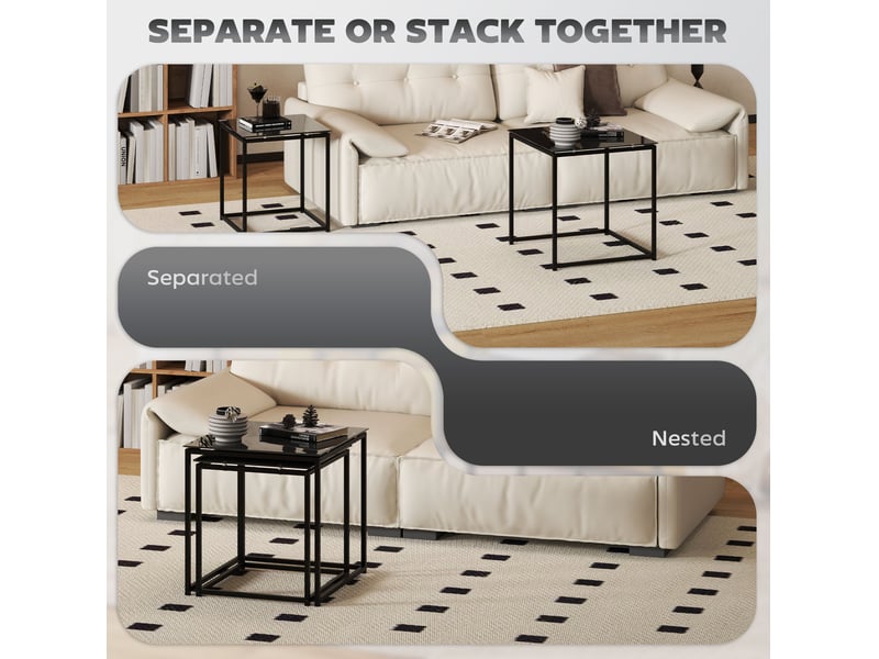  Tables gigognes en lot de 2 avec plateau en verre trempé et structure en acier, noir, pour salon  - Conforama E