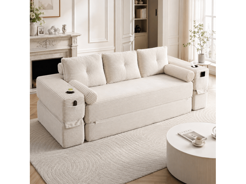  Canapé convertible 3 places modenvie en velours côtelé beige avec poches latérales, porte-gobelet, coussins à mémoire de forme et accoudoirs amovibles  - Conforama B