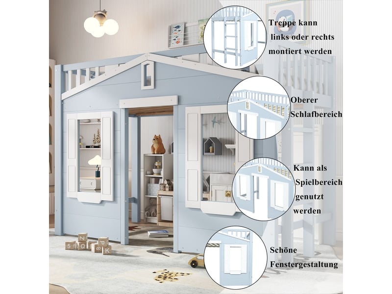  Lit mezzanine90x200 - en pin avec grand espace de jeu, lit cabane enfant - fenêtres et échelle réversible - sommier à lattes - bleu  - Conforama D